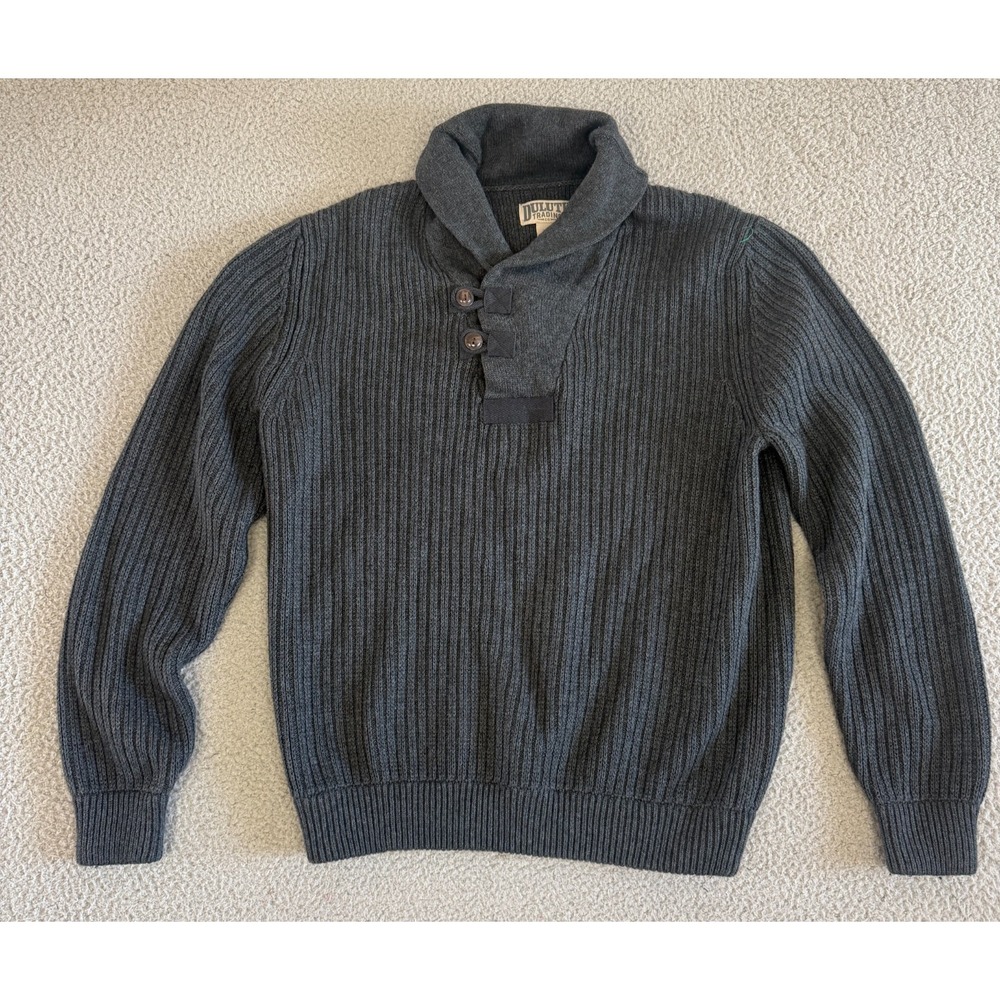 Duluth Trading Fisherman Sweater Wool Cotton Grey Rib Chunky Knit